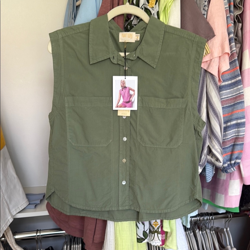 Nation Green Boxy Button Down Shirt with Notched Collar